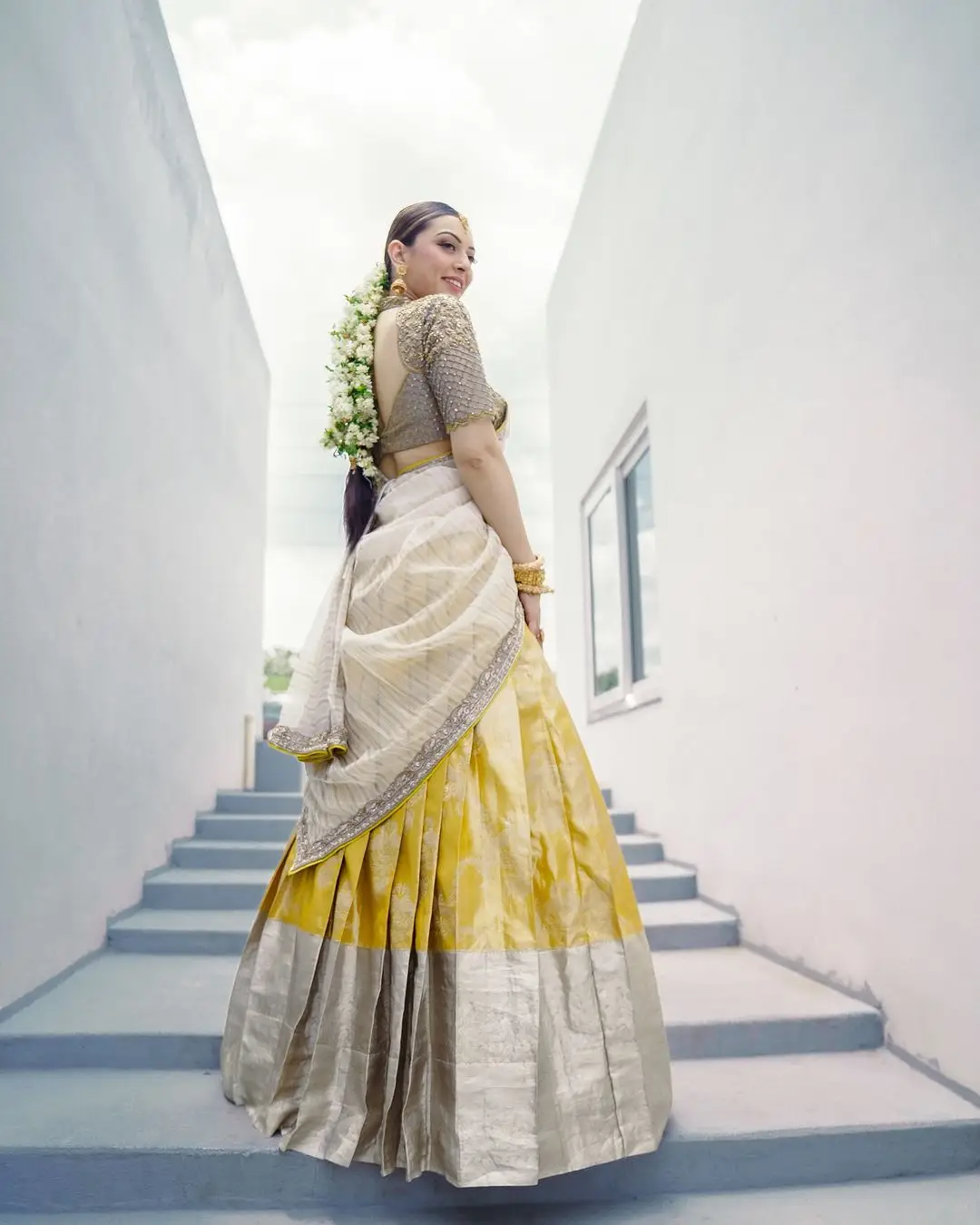 Hansika Motwani Wearing Beautiful Earrings Jewellery Yellow lehenga Choli